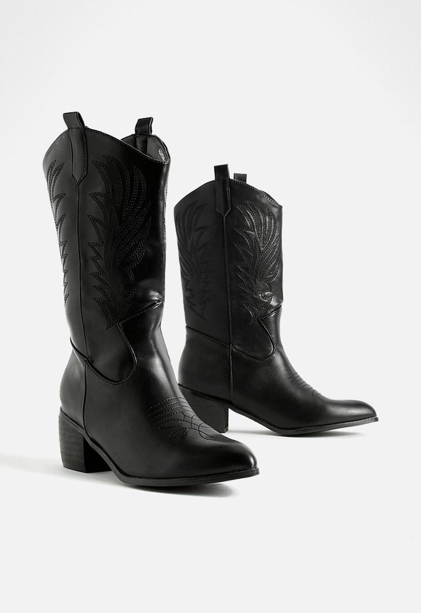 boohoo - Wide fit tab detail ankle cowboy western boots - black