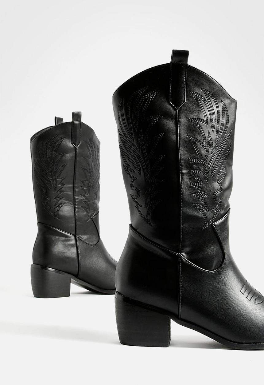 boohoo - Wide fit tab detail ankle cowboy western boots - black