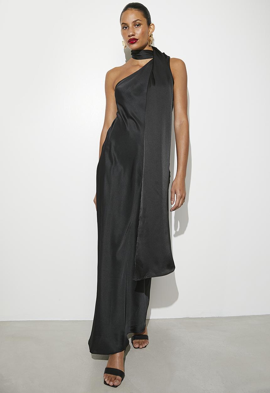 VELVET - Satin maxi slip with neck tie detail - Anthracite