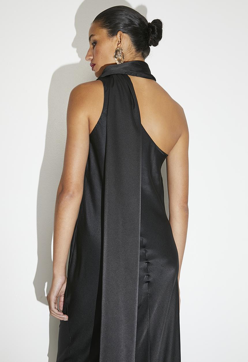 VELVET - Satin maxi slip with neck tie detail - Anthracite