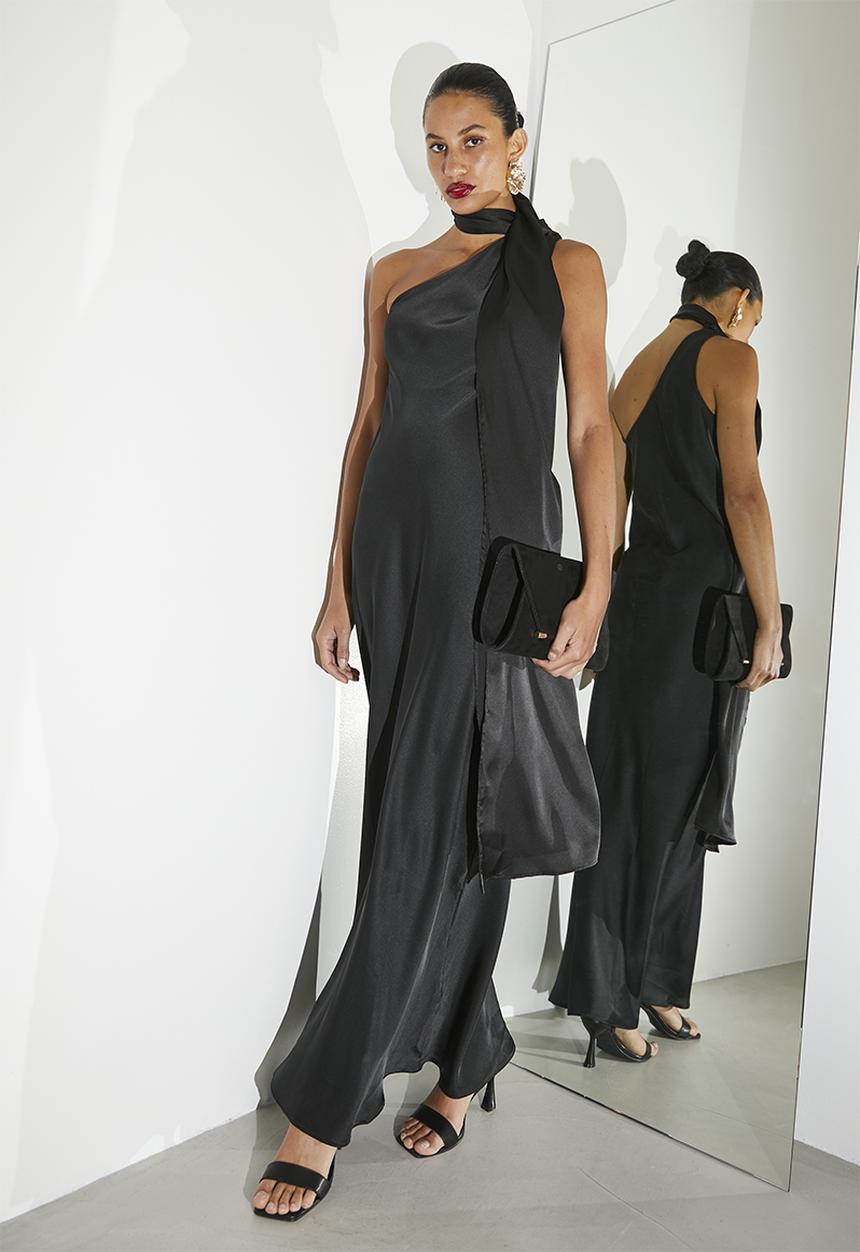 VELVET - Satin maxi slip with neck tie detail - Anthracite