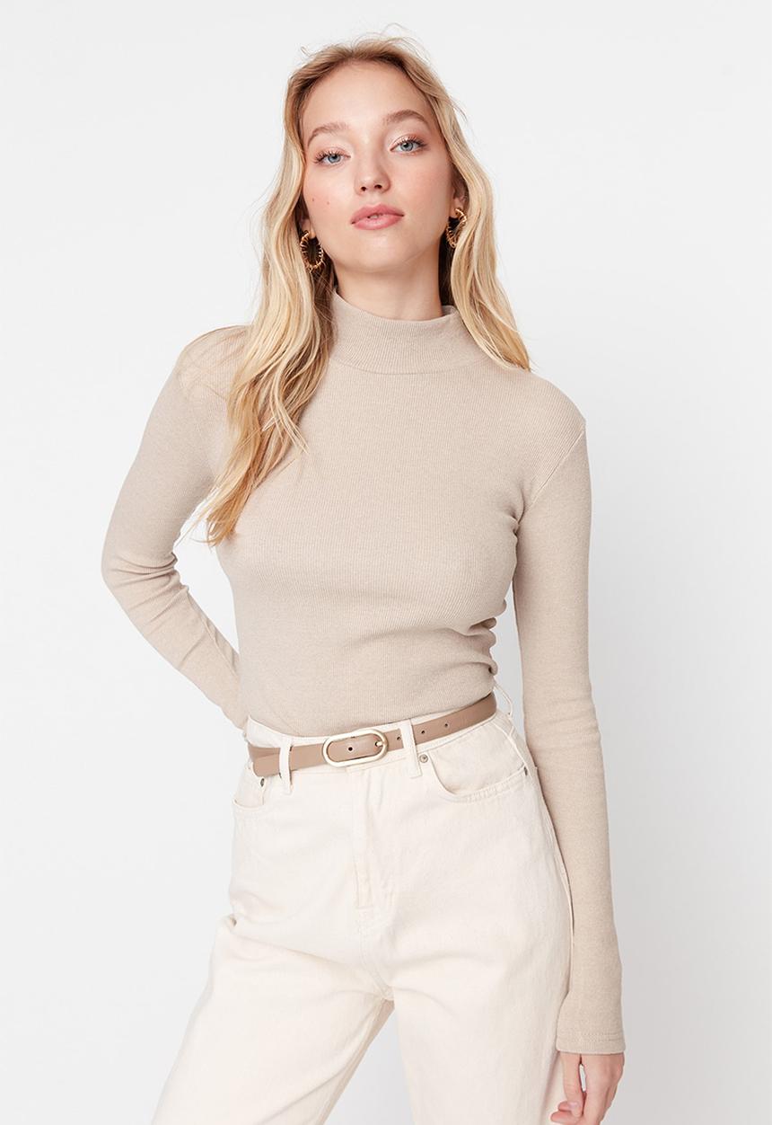 Trendyol - High Collar Long Sleeve Blouse - Beige