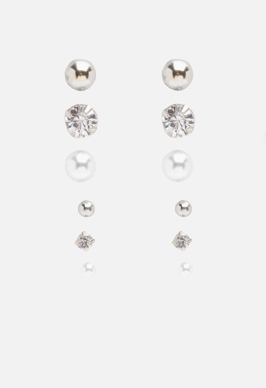 boohoo - Diamante and pearl stud 6 pack - silver