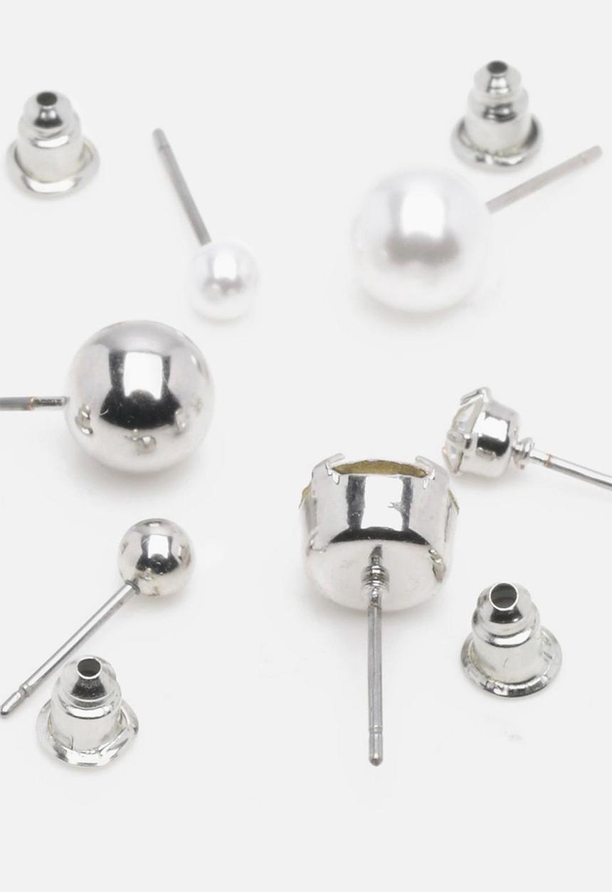 boohoo - Diamante and pearl stud 6 pack - silver