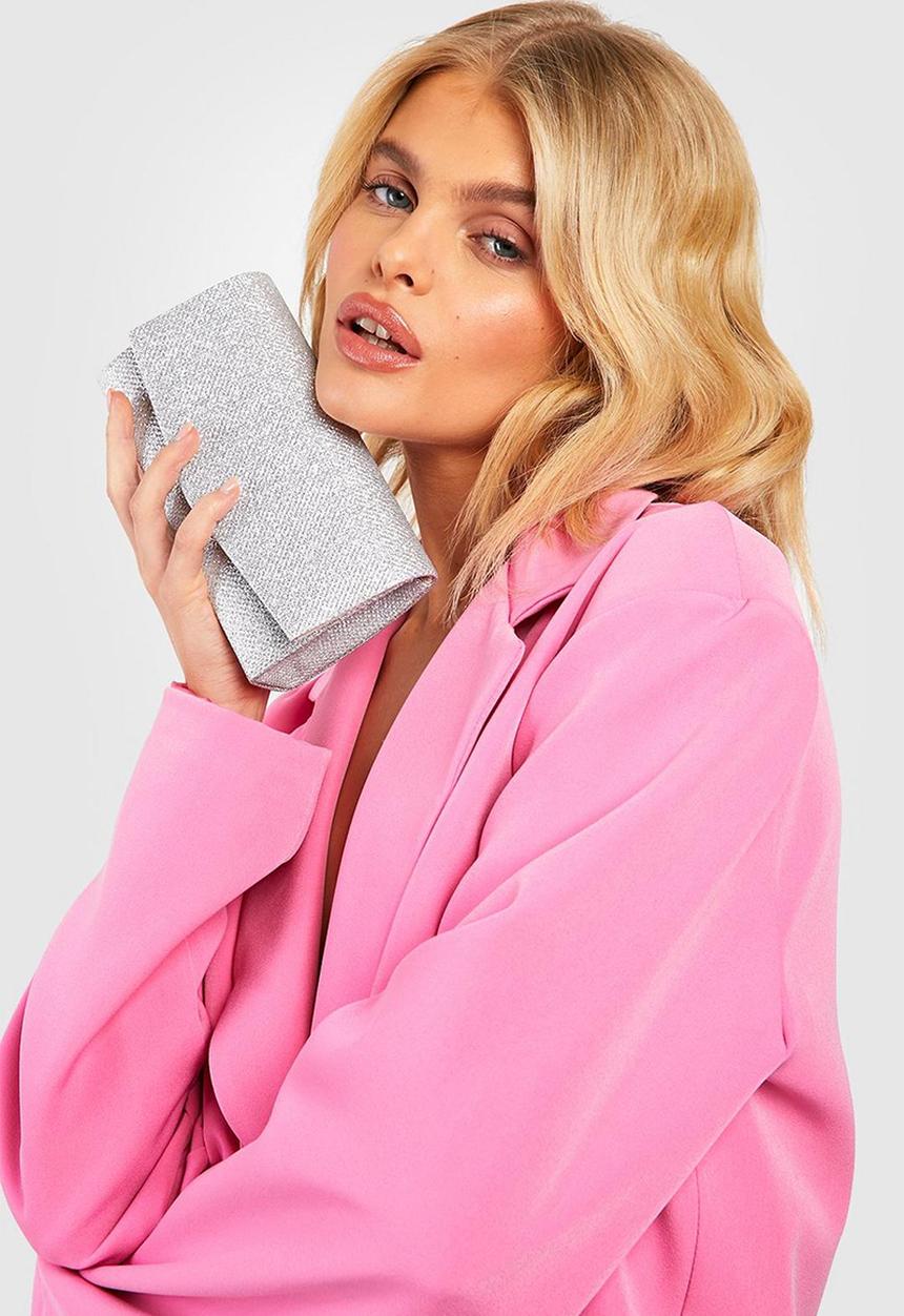 boohoo - Glitter envelope clutch bag and chain - silver