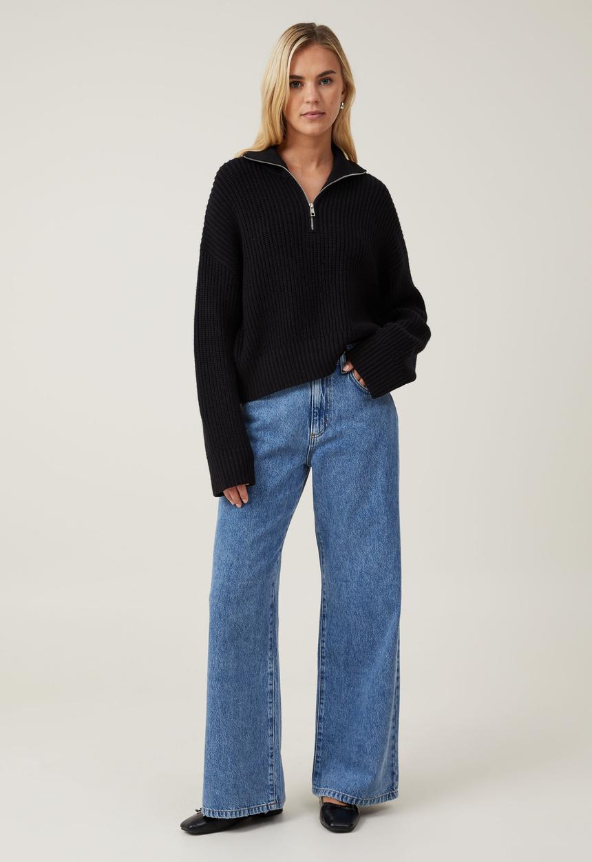 Cotton On - Luxe Collar Half Zip - Black
