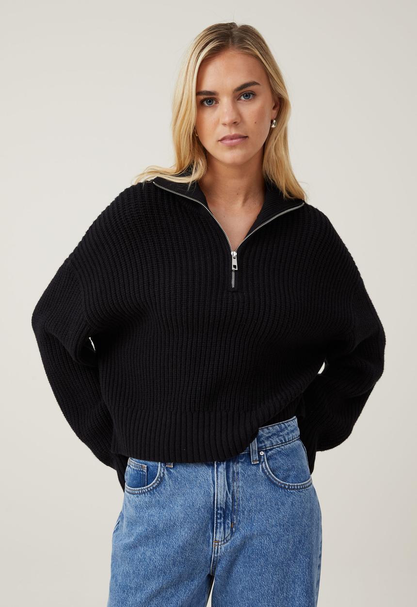 Cotton On - Luxe Collar Half Zip - Black
