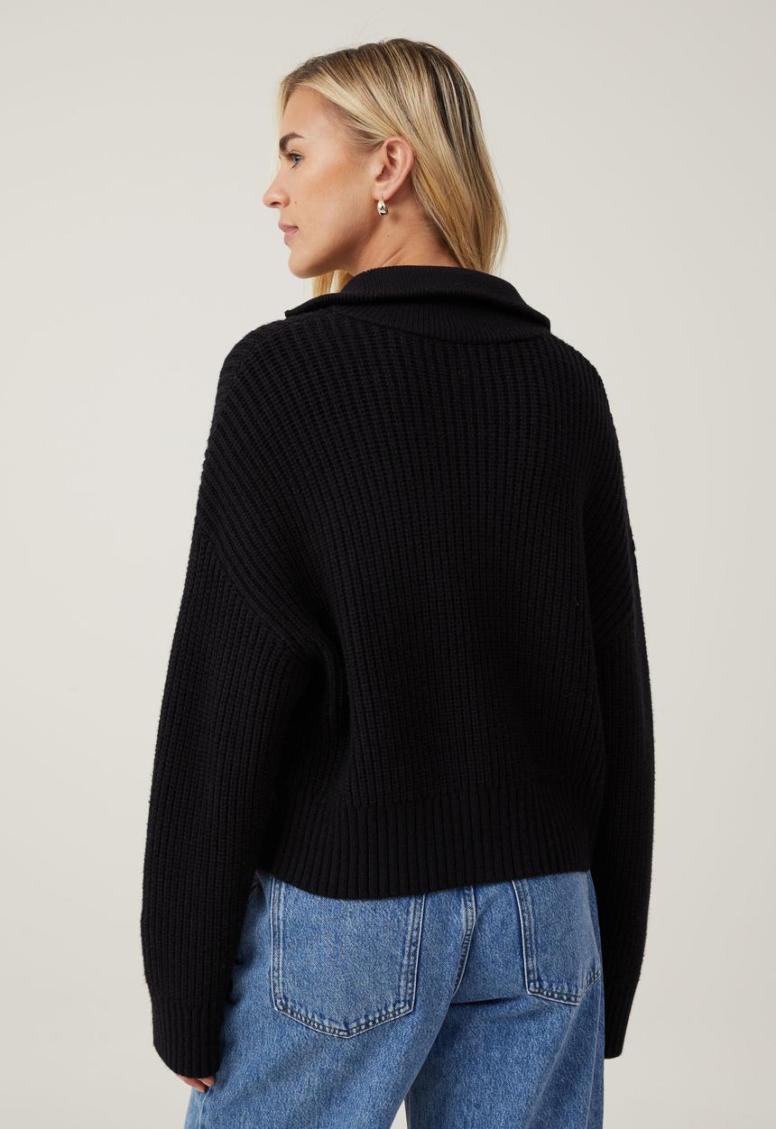 Cotton On - Luxe Collar Half Zip - Black