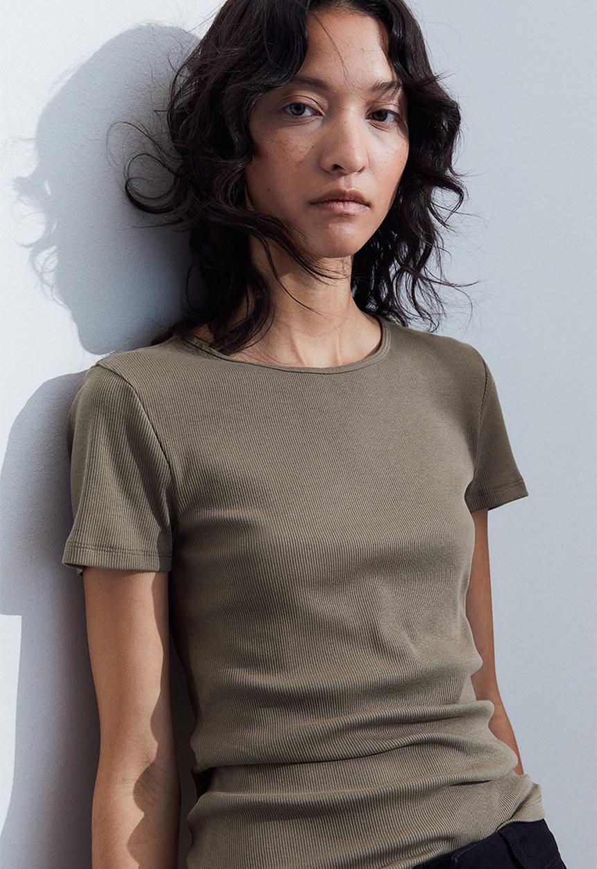 H&M - Ribbed T-shirt - dark greige