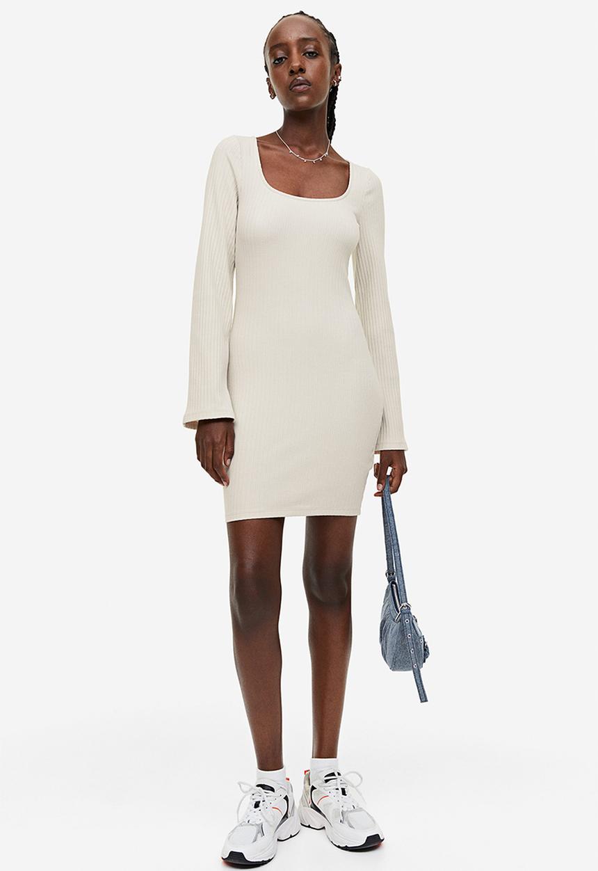 H&M - Ribbed bodycon dress - light beige