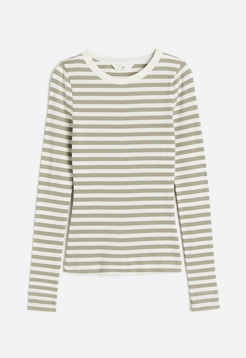 H&M - Ribbed jersey top - sage green/striped