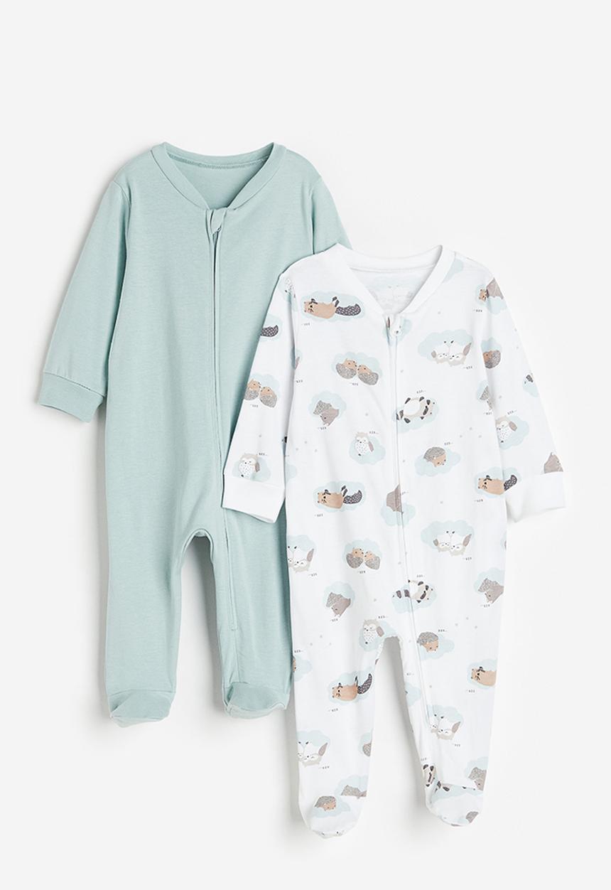 H&M - 2 pack zip-up sleepsuits - turquoise & white multi