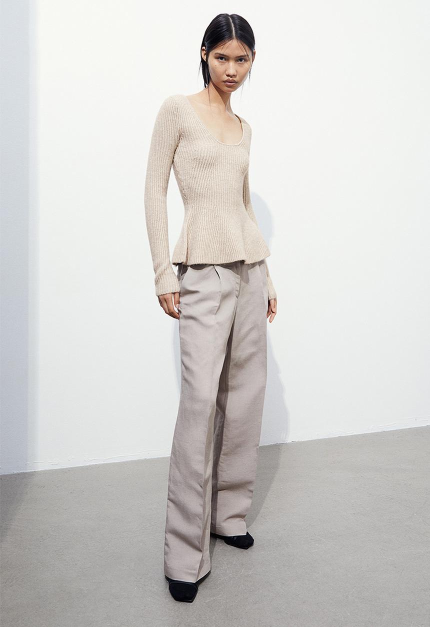 H&M - Rib-knit peplum top - beige