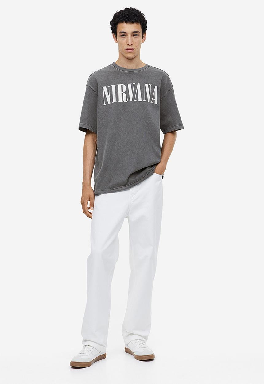 H&M - Loose fit printed T-shirt - dark grey nirvana