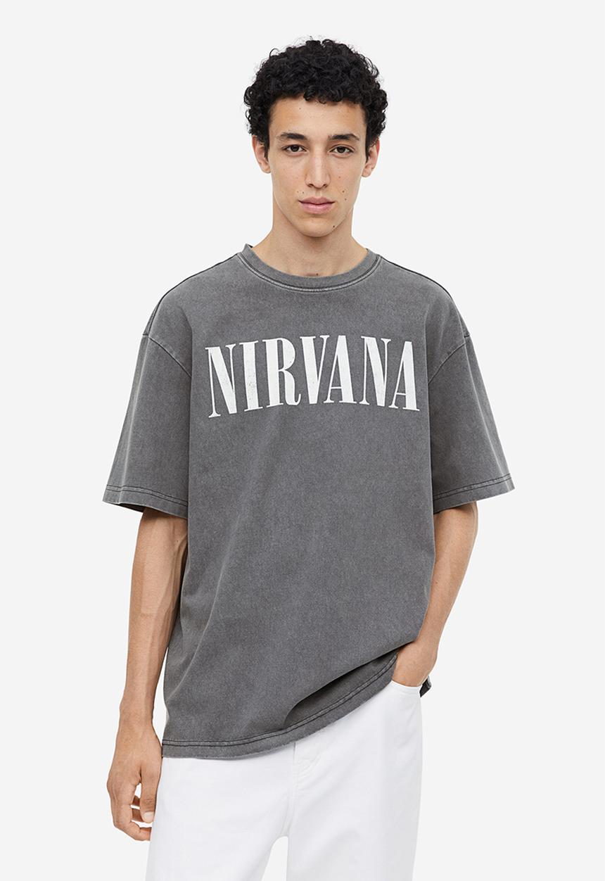H&M - Loose fit printed T-shirt - dark grey nirvana
