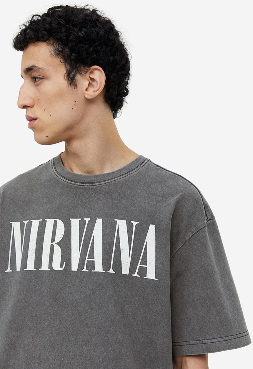 H&M - Loose fit printed T-shirt - dark grey nirvana