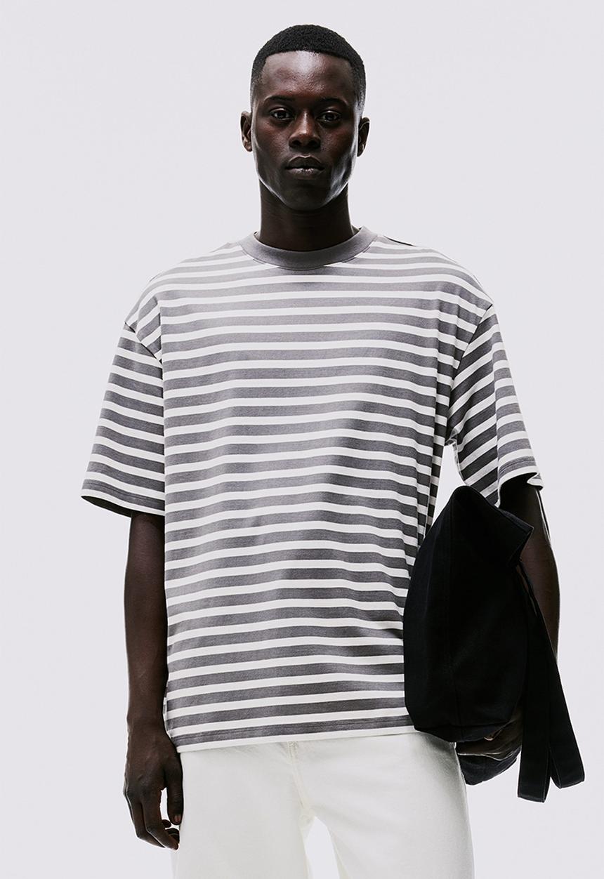 H&M - Loose fit cotton T-shirt - grey striped