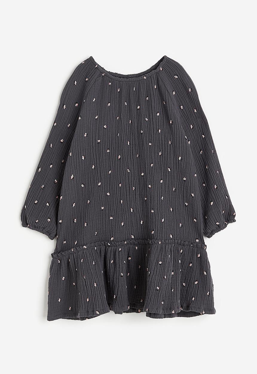H&M - Patterned muslin dress - dark grey/spotted