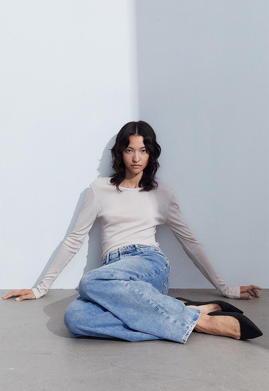 H&M - Long-sleeved lyocell top - light beige