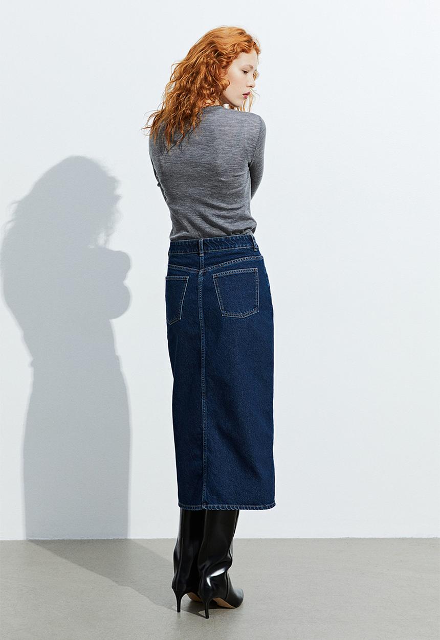 H&M - Slit-front denim skirt - dark denim blue