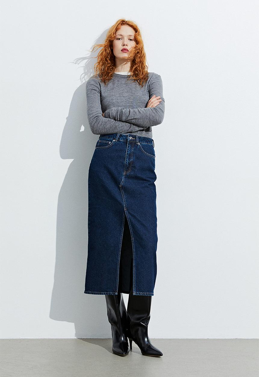 H&M - Slit-front denim skirt - dark denim blue