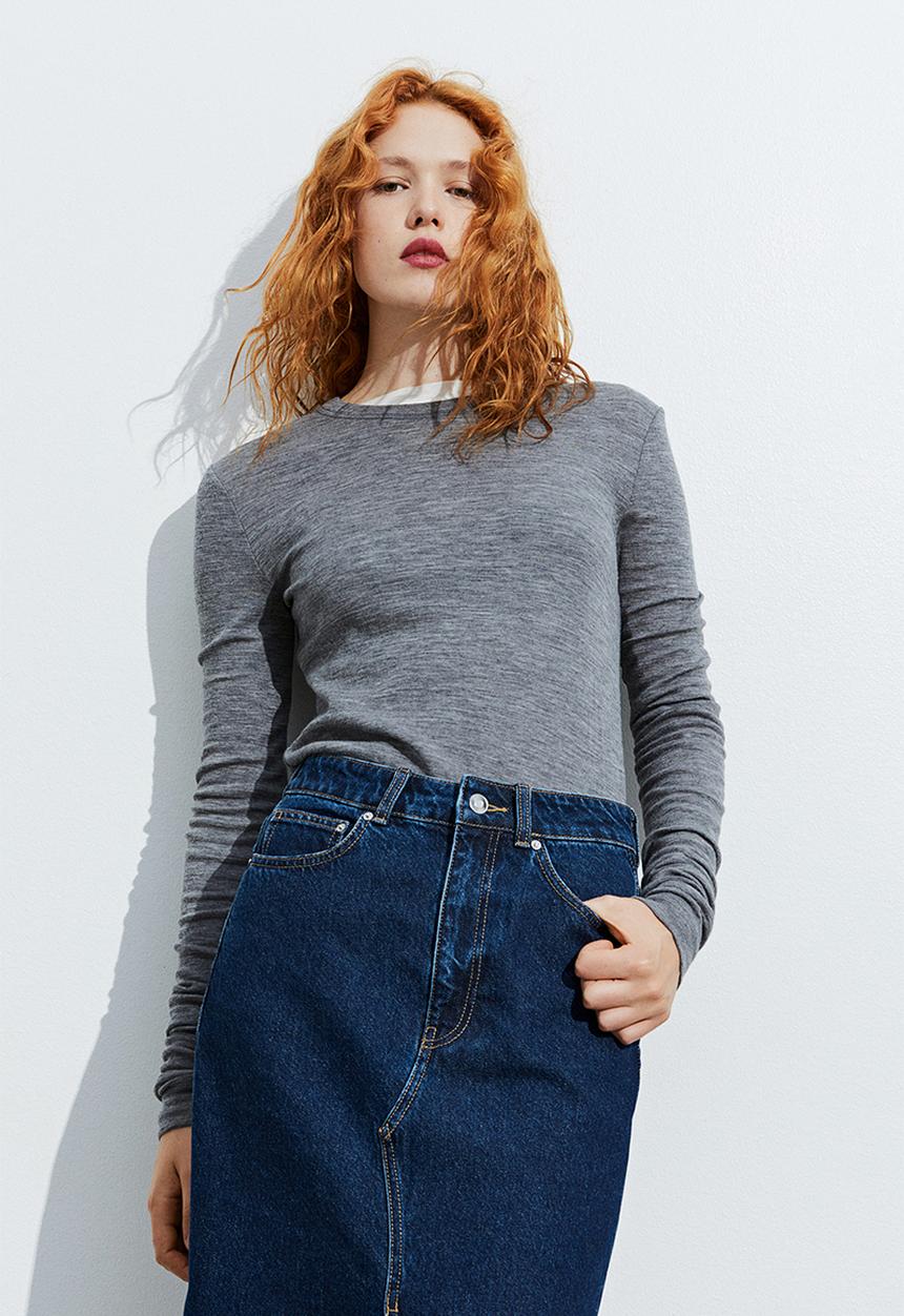 H&M - Slit-front denim skirt - dark denim blue