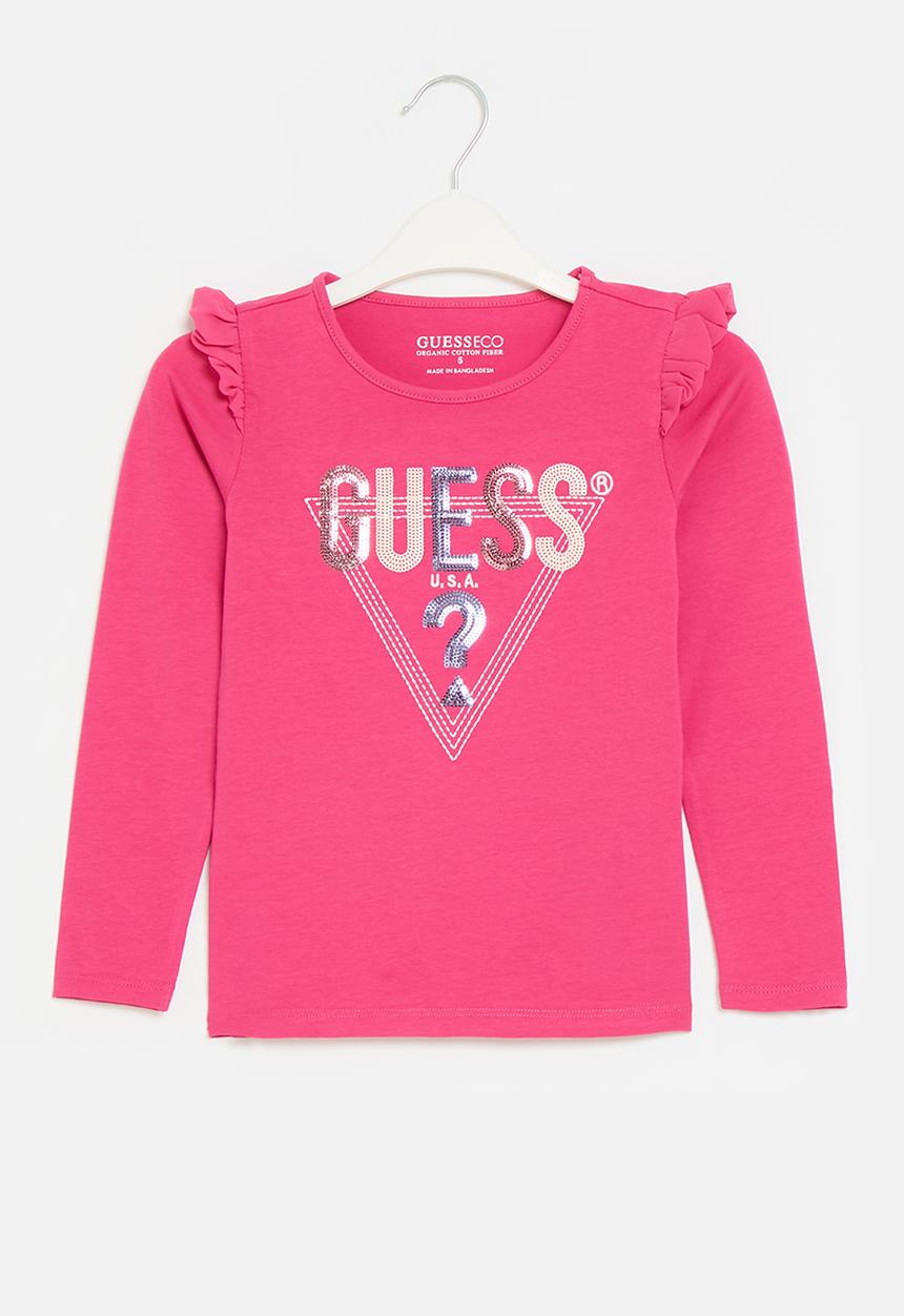 GUESS - Long sleeve T-shirt w/shoulder frills - sateen fuchsia