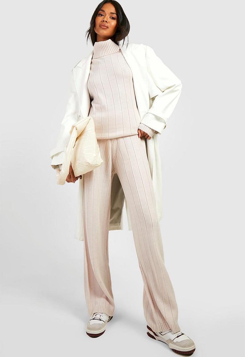boohoo - Wide rib roll neck & trouser knitted co-ord - stone
