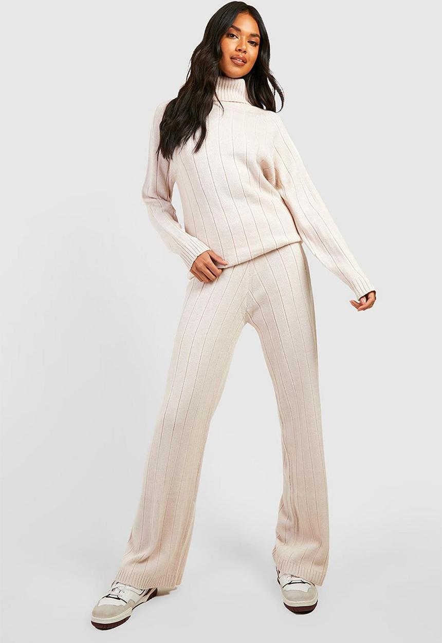 boohoo - Wide rib roll neck & trouser knitted co-ord - stone