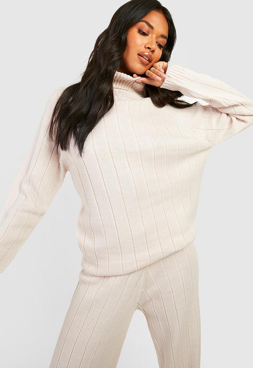 boohoo - Wide rib roll neck & trouser knitted co-ord - stone