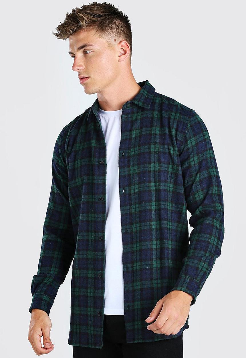 boohooMAN - Long sleeve longline flannel check shirt - green