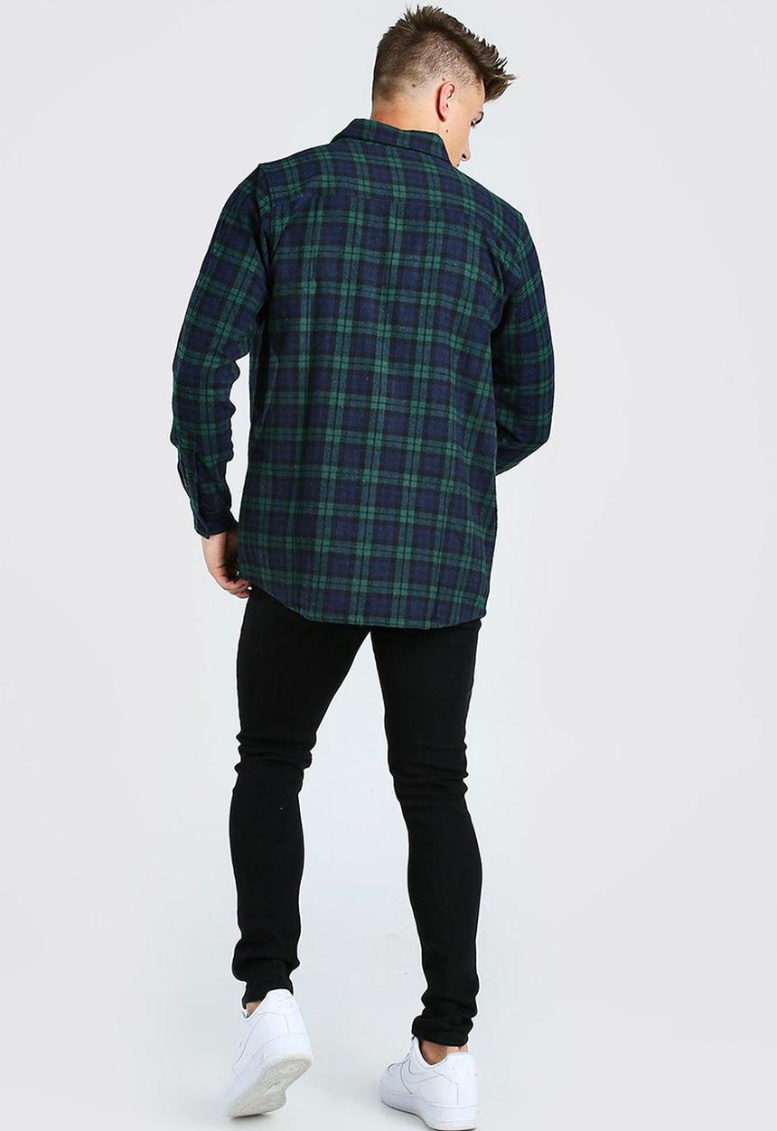 boohooMAN - Long sleeve longline flannel check shirt - green