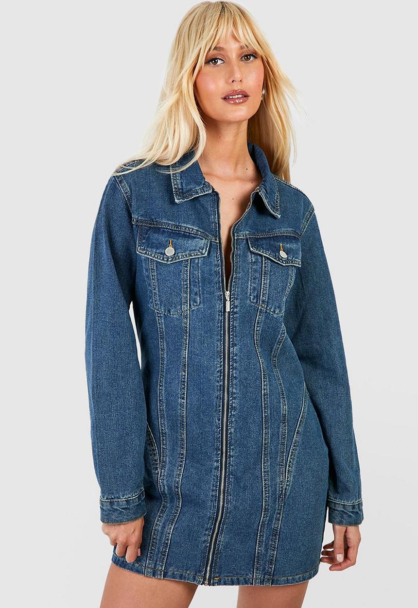 boohoo - Zip through denim mini shirt dress - vintage wash