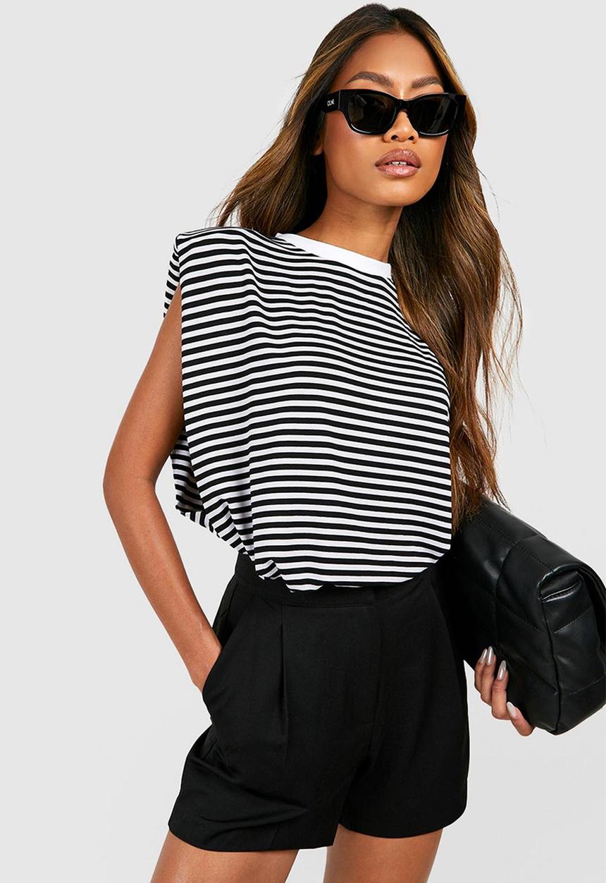 boohoo - Stripe shoulder pad tank top - black