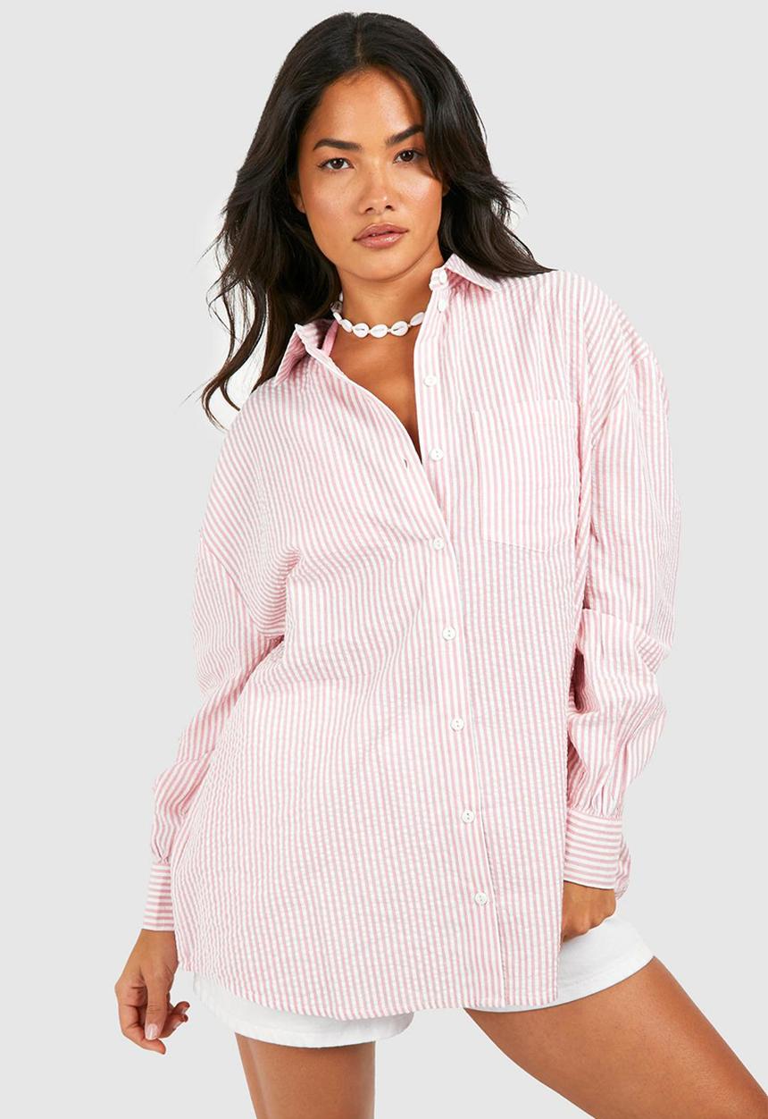 boohoo - Striped seersucker shirt - pink