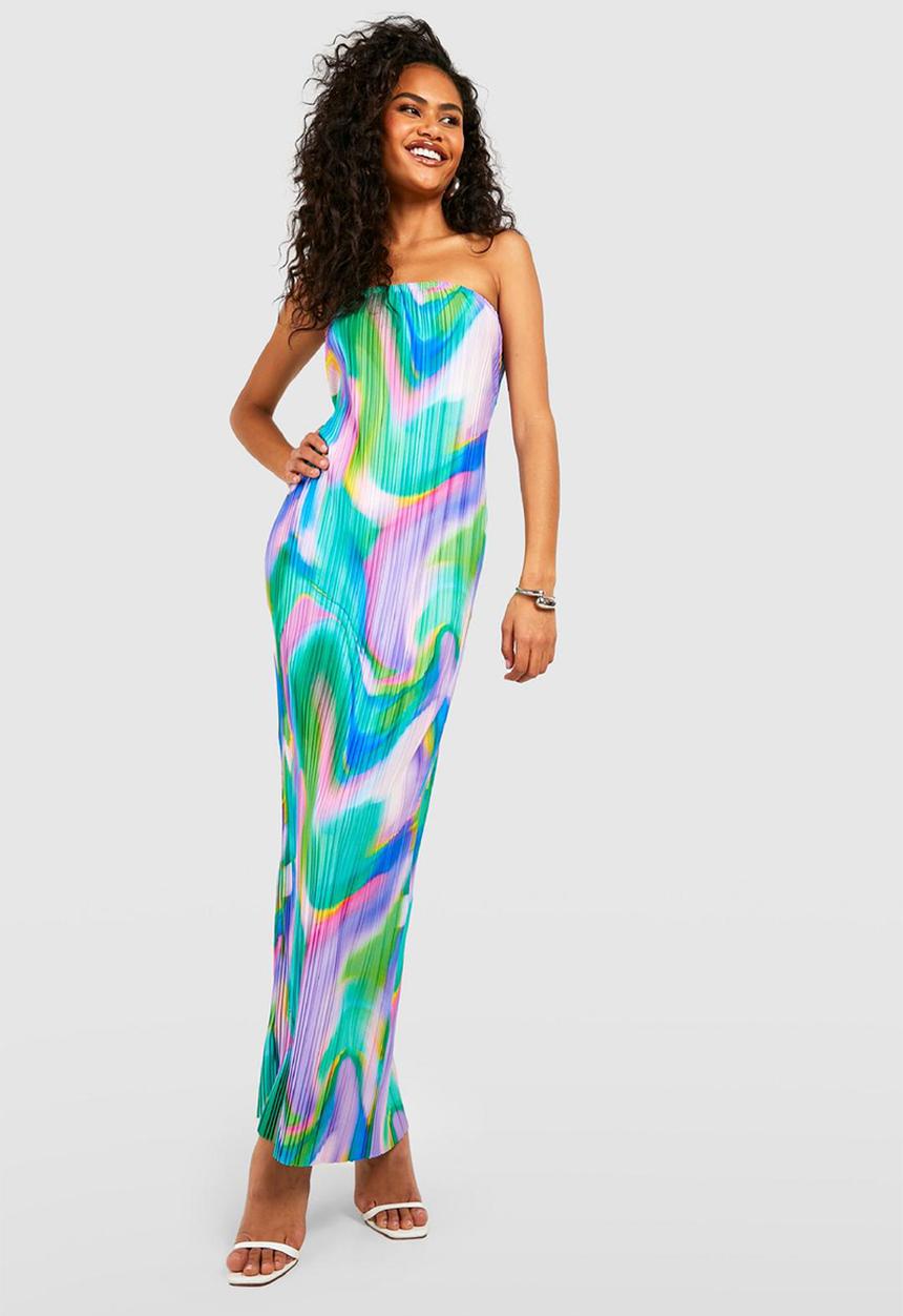 boohoo - Abstract plisse bandeau maxi dress - green
