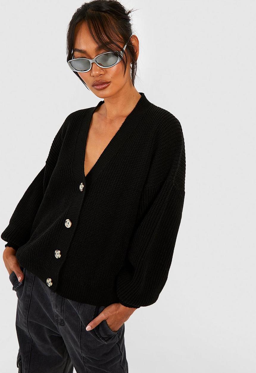 boohoo - Balloon sleeve button through rib cardigan - black