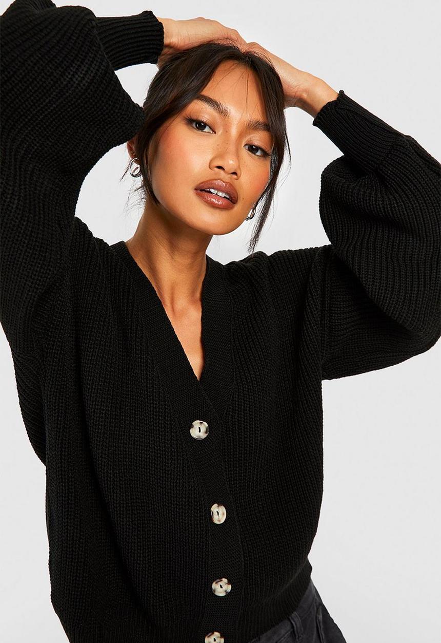 boohoo - Balloon sleeve button through rib cardigan - black
