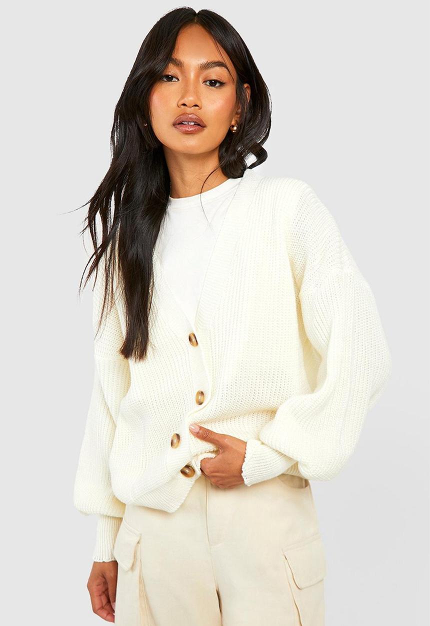boohoo - Balloon sleeve button through rib cardigan - ivory