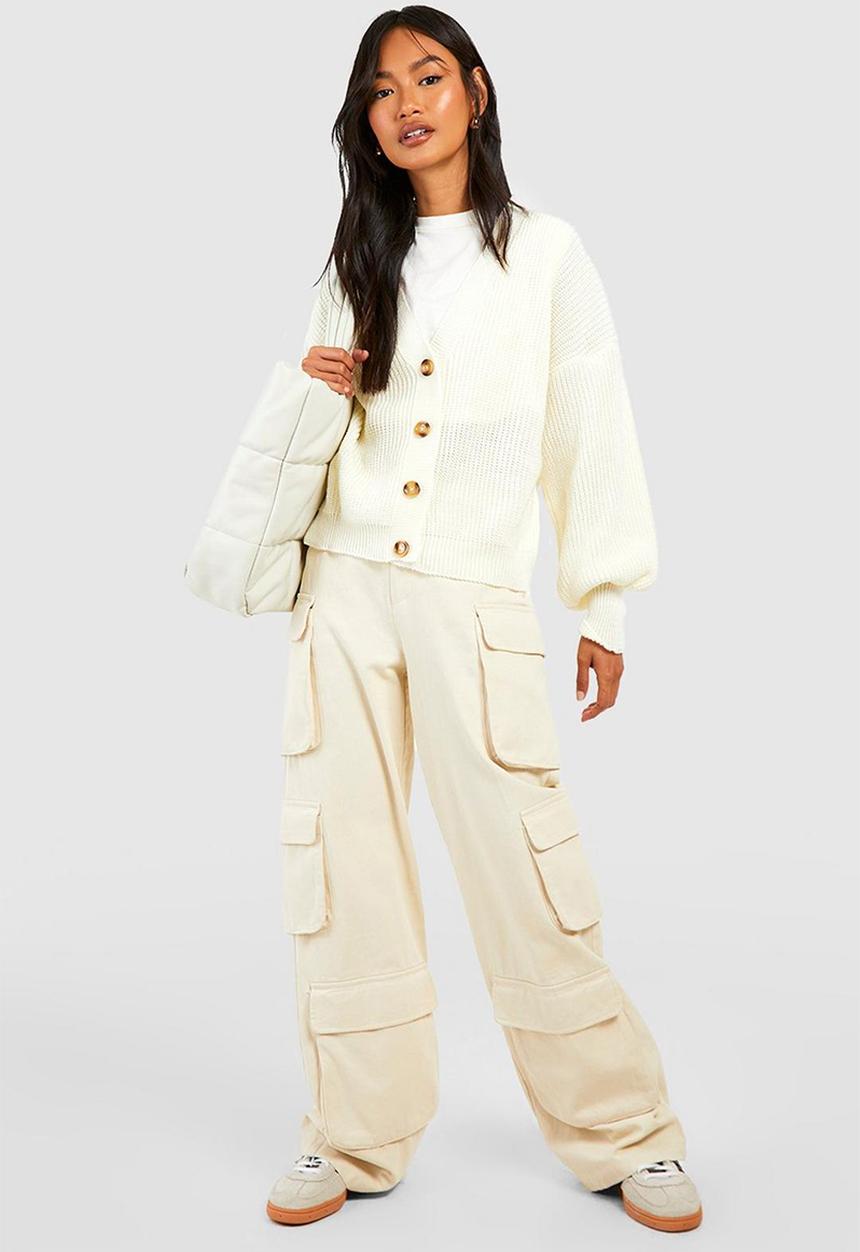 boohoo - Balloon sleeve button through rib cardigan - ivory