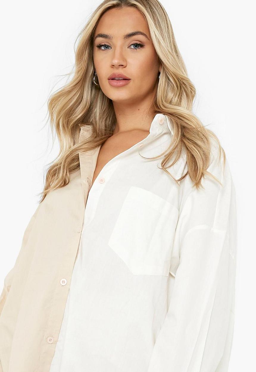 boohoo - Cotton spliced oversized shirt - stone