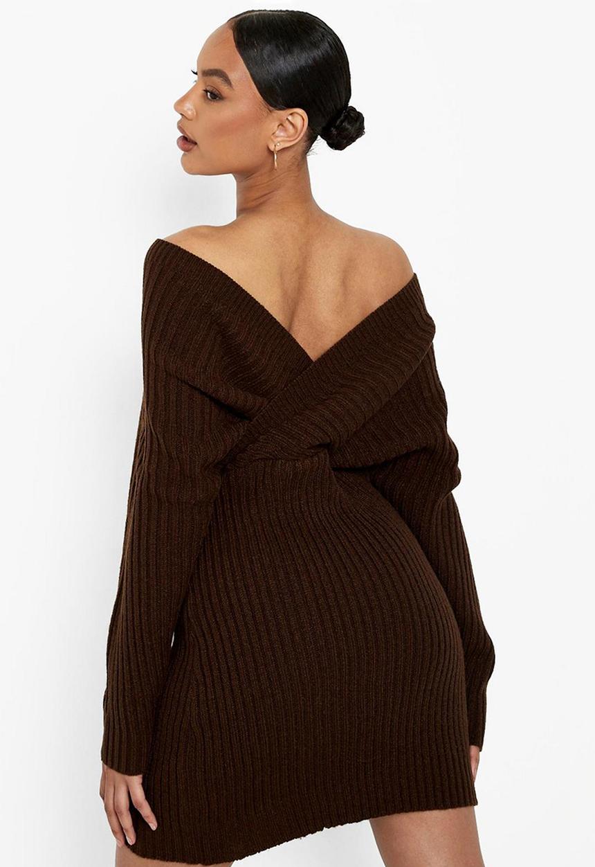boohoo - Off the shoulder rib knit dress - chocolate