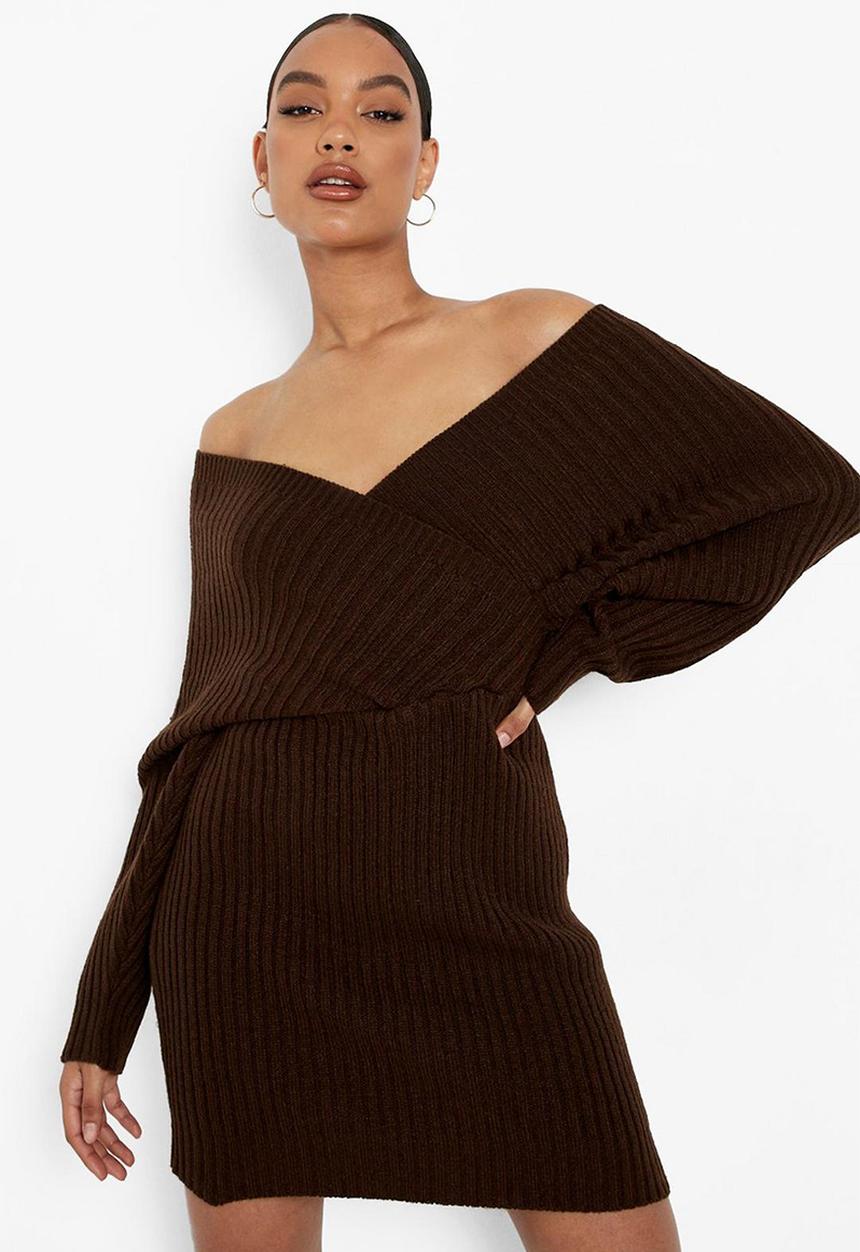 boohoo - Off the shoulder rib knit dress - chocolate