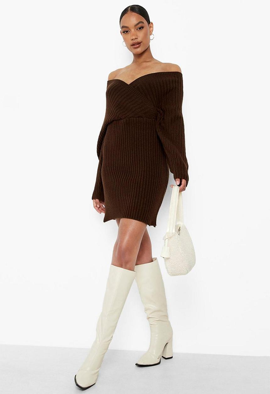 boohoo - Off the shoulder rib knit dress - chocolate