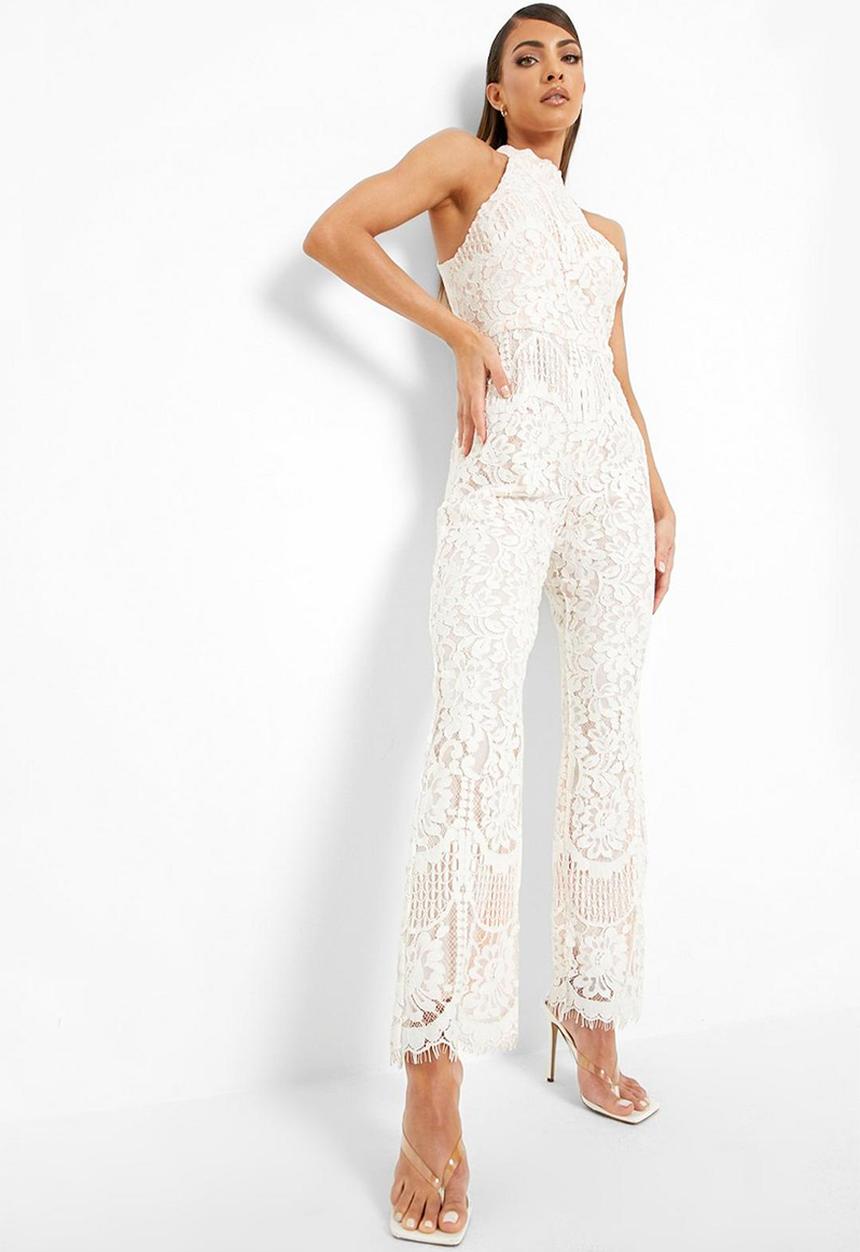 boohoo - Lace halter neck sleeveless jumpsuit - white