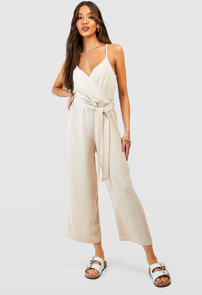 boohoo - Strappy wrap culotte jumpsuit - stone