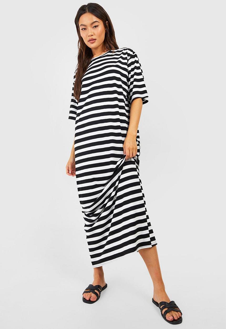 boohoo - Oversized striped t-shirt maxi dress - black