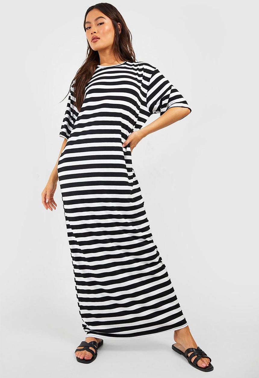 boohoo - Oversized striped t-shirt maxi dress - black