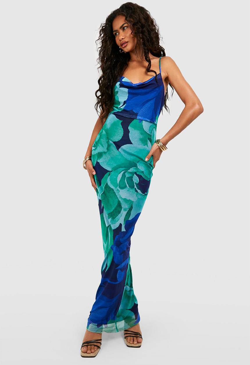 boohoo - Floral strappy mesh maxi dress - green