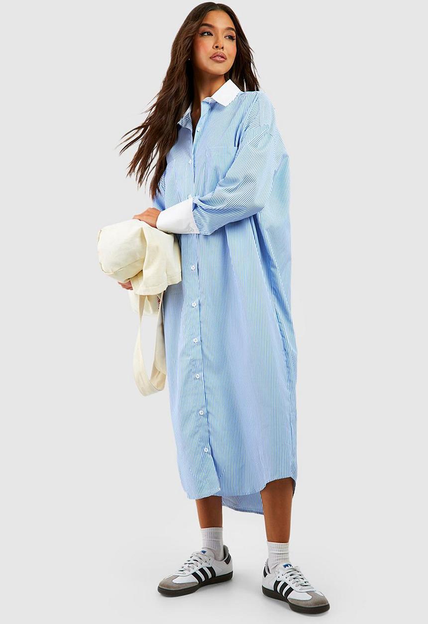boohoo - Extreme oversized contrast stripe shirt dress - blue
